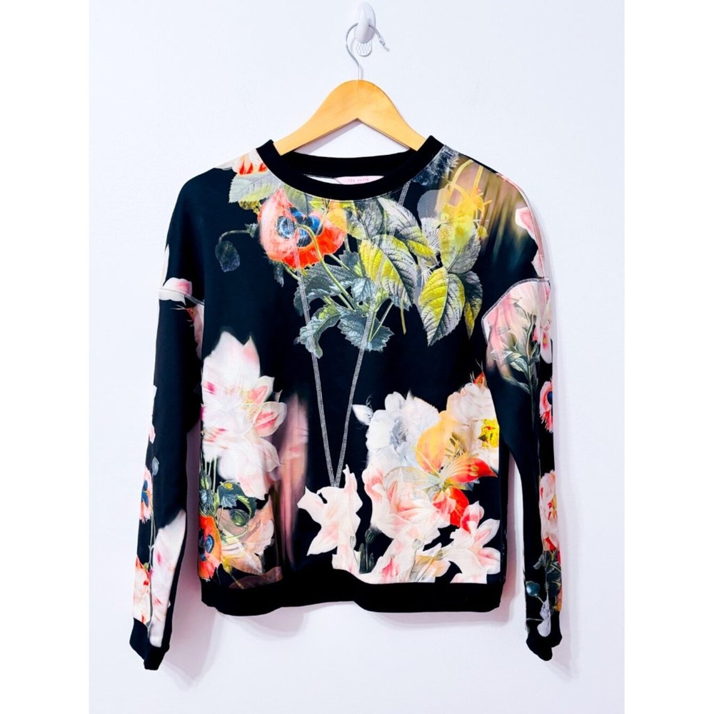 TED BAKER LONDON Black Floral Print Crewneck Long Sleeve Top Size 2